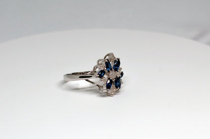Blue Sapphire & Rhinestones Cluster Cocktail Ring