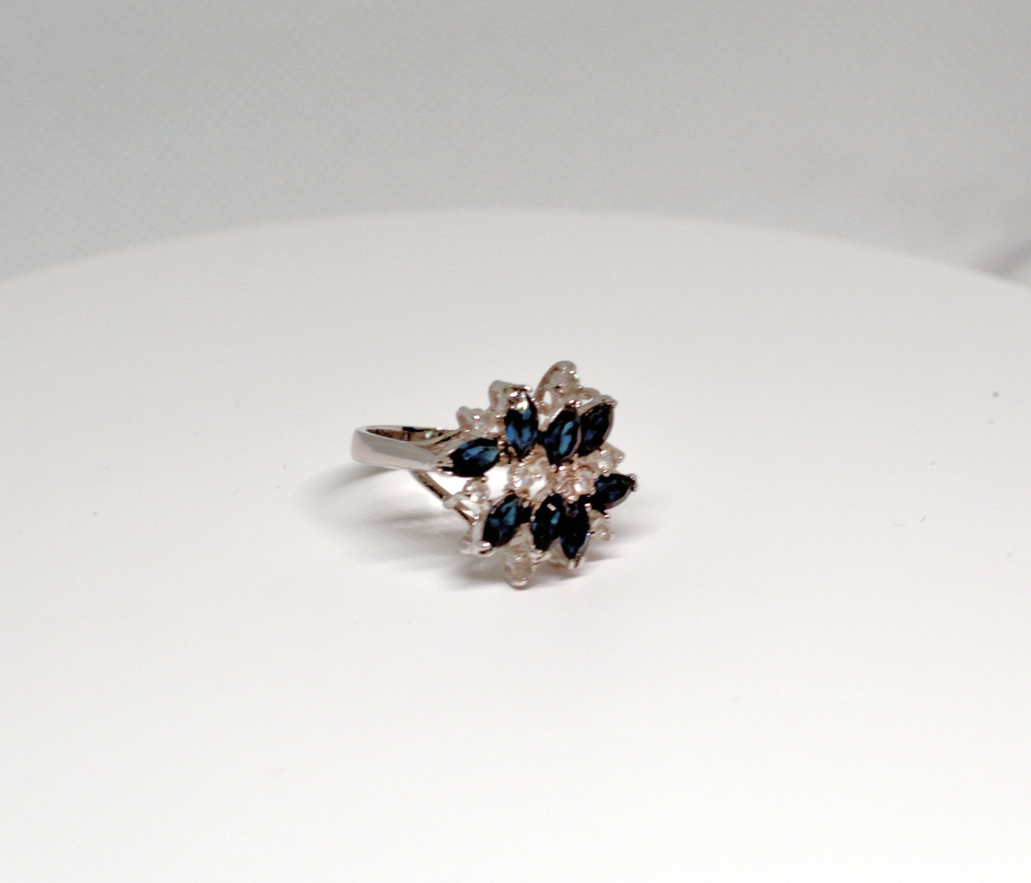 Blue Sapphire & Rhinestones Cluster Cocktail Ring