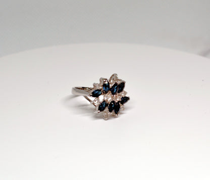 Blue Sapphire & Rhinestones Cluster Cocktail Ring