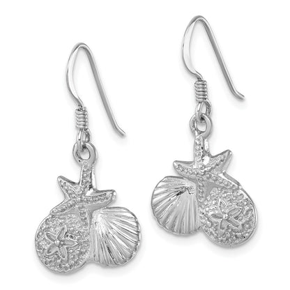 Sterling Silver Rhodium-plated Polished Starfish, Sand Dollar & Shell Dangle Earring