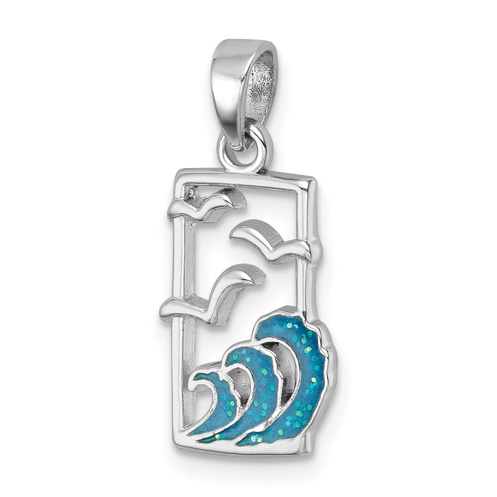 Sterling Silver Rhodium-plated Polished Sea Gull and Enameled Wave Pendant