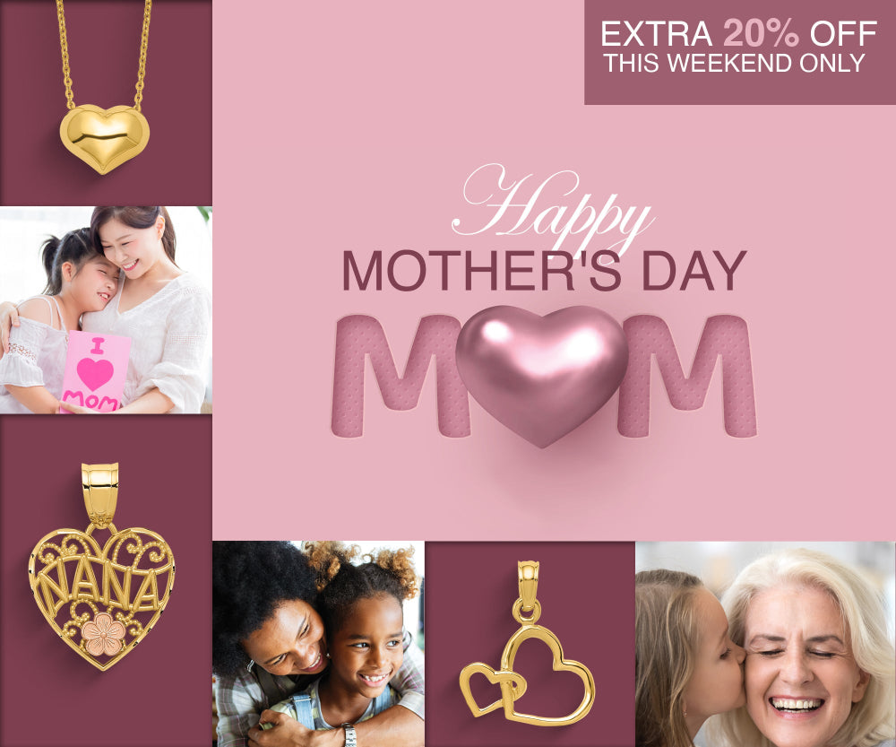 Promotional graphic for Mother's Day with gold necklaces, heart designs, and family photos on a pink and purple background.