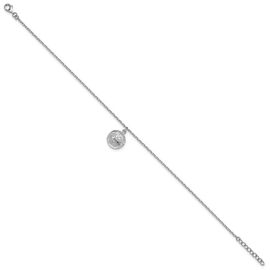 Sterling Silver Rhodium-Plated Sand Dollar Charm 9 inch Plus 1 inch Extender - Total 10 inch Anklet