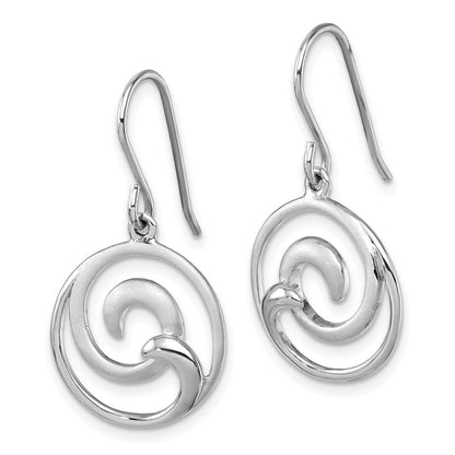 Sterling Silver Rhodium-Plated Polished and Brushed Double Wave Dangle Earrings