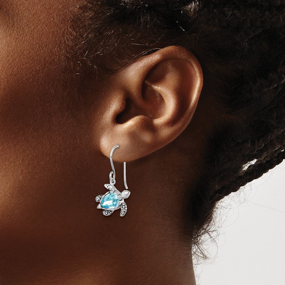 Sterling Silver Rhodium-plated Polished and Antiqued Blue Crystal Turtle Dangle Earrings