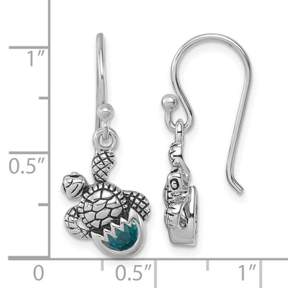 Sterling Silver Rhodium-Plated Antiqued Blue Crystal Hatching Turtle Dangle Earrings