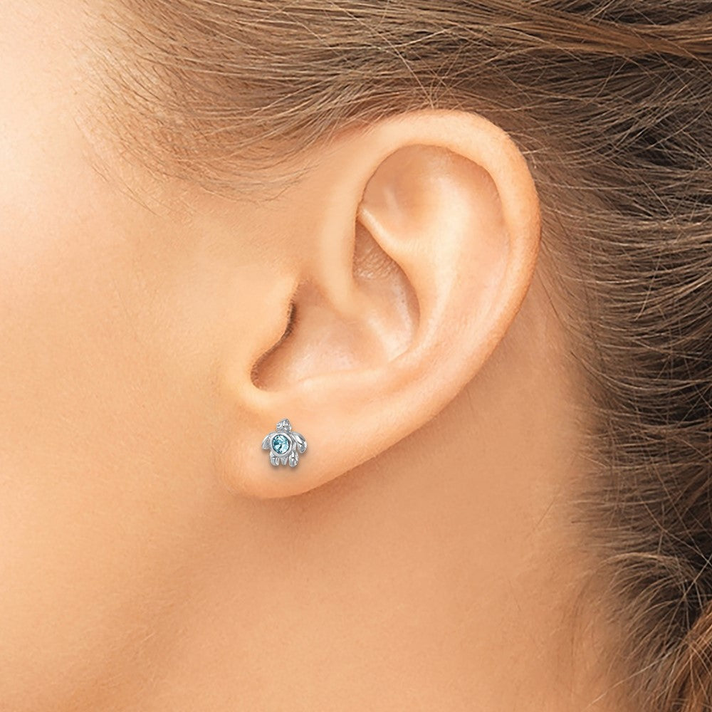 Sterling Silver Rhodium-Plated Polished Blue Crystal Inlay Tiny Turtle Post Earrings