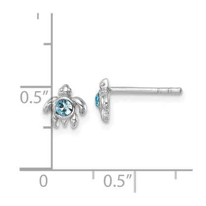 Sterling Silver Rhodium-Plated Polished Blue Crystal Inlay Tiny Turtle Post Earrings