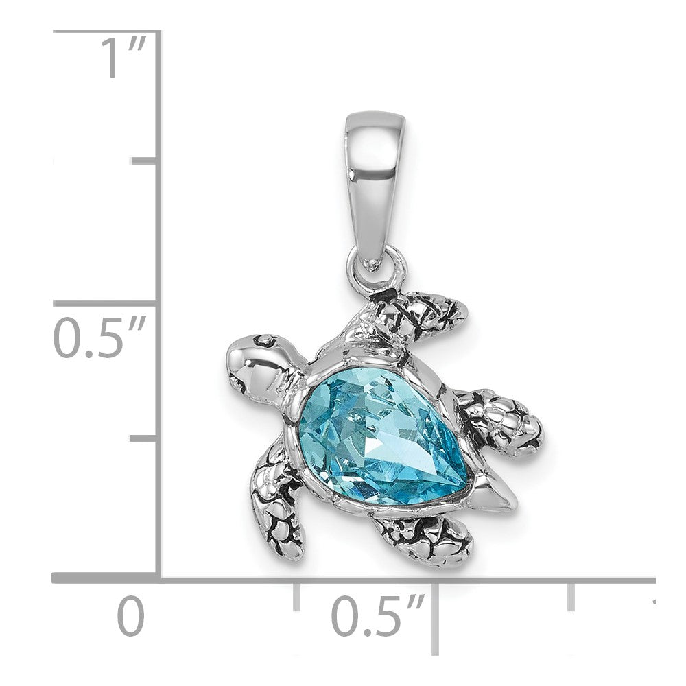 Sterling Silver Rhodium-plated Polished and Antiqued Blue Crystal Turtle Pendant