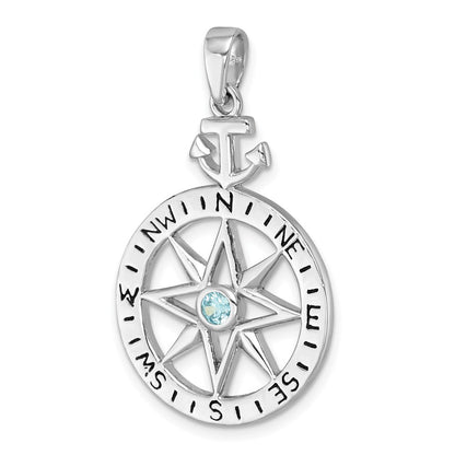 Sterling Silver Rhodium-plated Blue CZ Compass Rose with Small Anchor Pendant