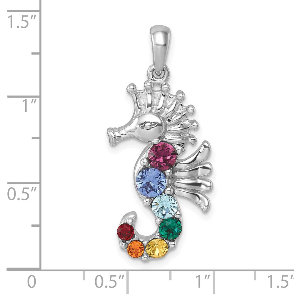 Sterling Silver Rhodium-plated Polished Multi-Color Crystal Seahorse Pendant