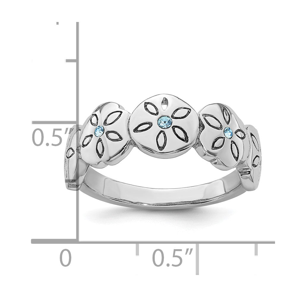 Sterling Silver Rhodium-plated Polished Blue Crystal 5 Sand Dollar Ring