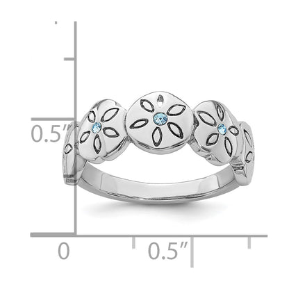 Sterling Silver Rhodium-plated Polished Blue Crystal 5 Sand Dollar Ring