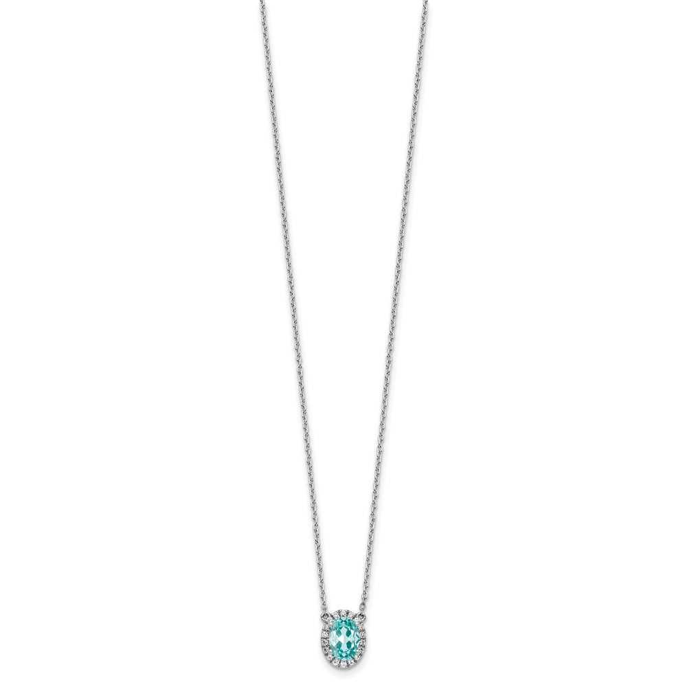 Pure Serenity 14k White Gold 1/8 carat Lab Grown Diamond VS/SI+ G+ and Lab Created Paraiba 18 inch Oval Halo Pendant Necklace