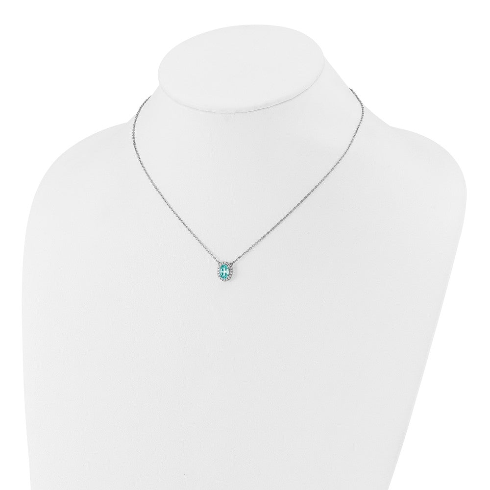Pure Serenity 14k White Gold 1/8 carat Lab Grown Diamond VS/SI+ G+ and Lab Created Paraiba 18 inch Oval Halo Pendant Necklace