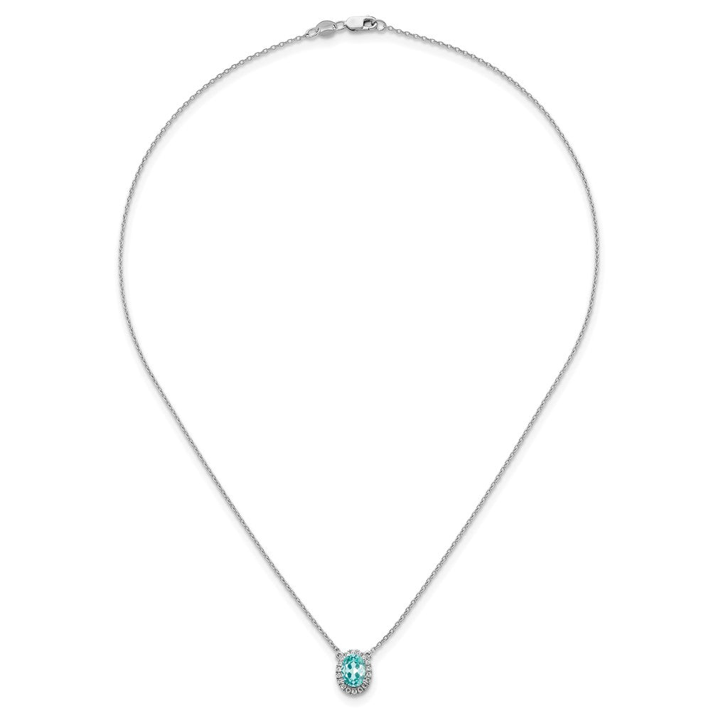Pure Serenity 14k White Gold 1/8 carat Lab Grown Diamond VS/SI+ G+ and Lab Created Paraiba 18 inch Oval Halo Pendant Necklace