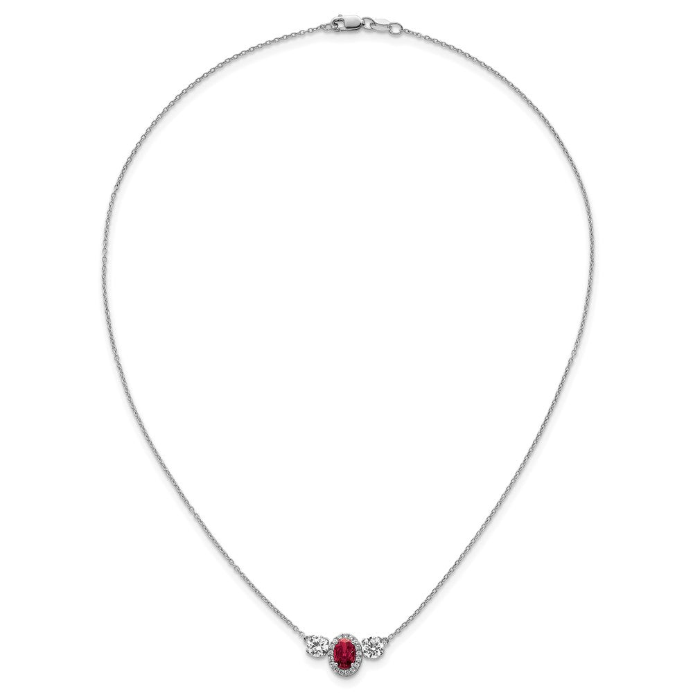 14k White Gold 1 1/8 carat Lab Grown Diamond VS/SI+ G+ and Created Ruby Complete Three Stone 16 inch Necklace