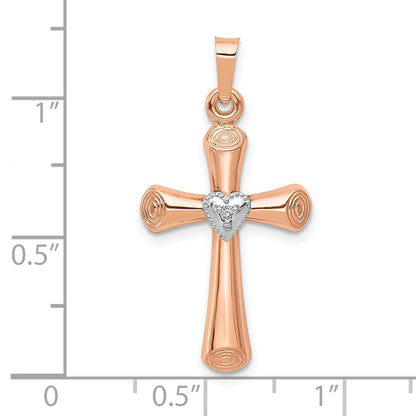 10K Two-Tone Diamond Polished Hollow Latin with Heart Center Cross Pendant