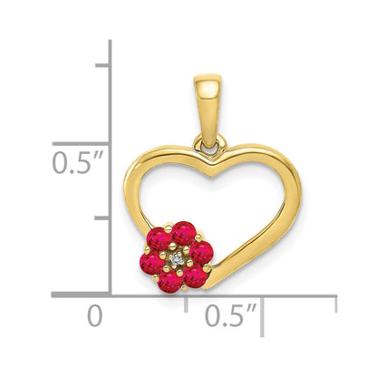 10k Diamond Accent and Ruby Flower on Heart Pendant