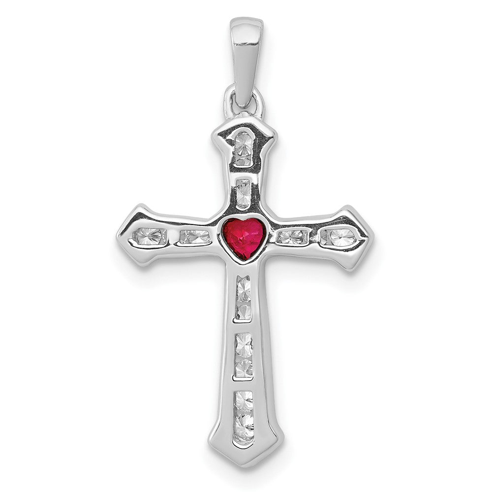 10K White Gold 1/5 carat Diamond and Ruby Heart Cross Pendant