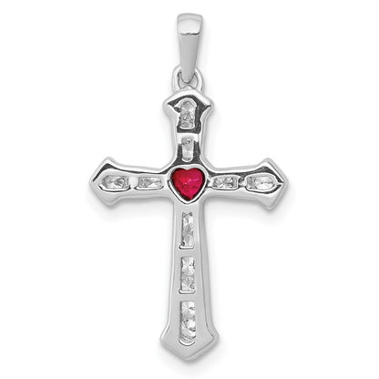 10K White Gold 1/5 carat Diamond and Ruby Heart Cross Pendant