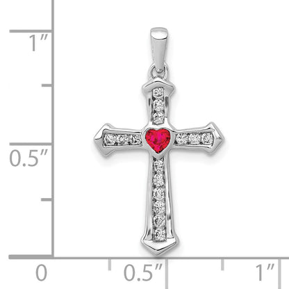 10K White Gold 1/5 carat Diamond and Ruby Heart Cross Pendant