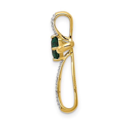 10k and White Rhodium 4mm Square Lab-Created Emerald and Diamond Cross Slide Pendant