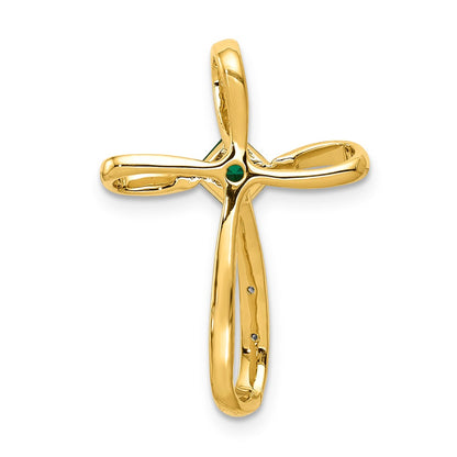 10k and White Rhodium 4mm Square Lab-Created Emerald and Diamond Cross Slide Pendant