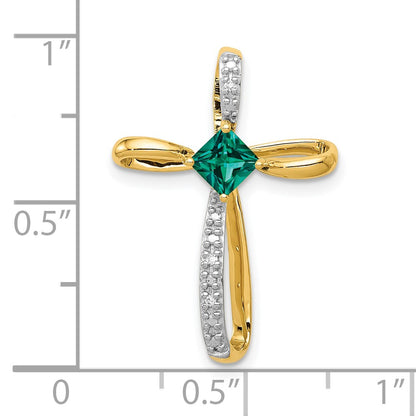 10k and White Rhodium 4mm Square Lab-Created Emerald and Diamond Cross Slide Pendant