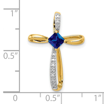 10k and White Rhodium 4mm Square Lab-Created Sapphire and Diamond Cross Slide Pendant