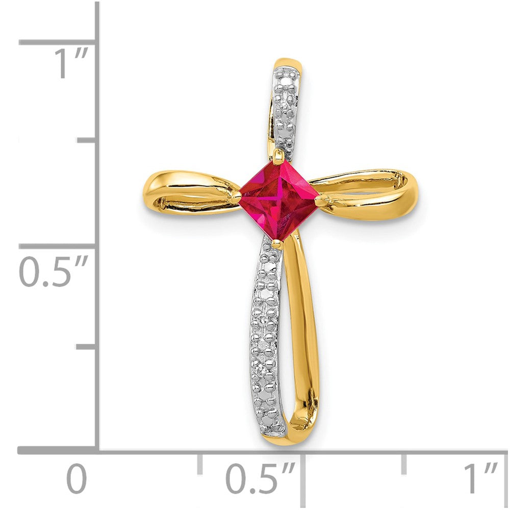 10k and White Rhodium 4mm Square Lab-Created Ruby and Diamond Cross Slide Pendant