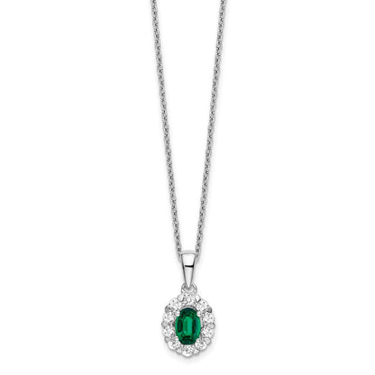 14k White Gold 1/2 carat Lab Grown Diamond VS/SI+ G+ and Oval Lab Created Emerald Complete 18 inch Halo Pendant Necklace