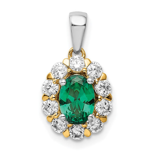 14k Two-Tone 1/2 carat Lab Grown Diamond VS/SI+ G+ and Lab Created Emerald Halo Pendant