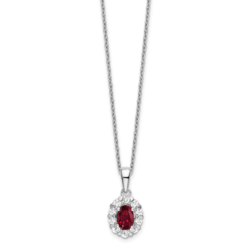 14k White Gold 1/2 carat Lab Grown Diamond VS/SI+ G+ and Oval Lab Created Ruby Complete 18 inch Halo Pendant Necklace