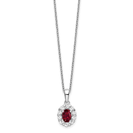 14k White Gold 1/2 carat Lab Grown Diamond VS/SI+ G+ and Oval Lab Created Ruby Complete 18 inch Halo Pendant Necklace