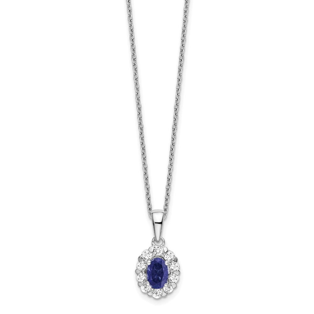 14k White Gold 1/2 carat Lab Grown Diamond VS/SI+ G+ and Oval Lab Created Blue Sapphire Complete 18 inch Halo Pendant Necklace