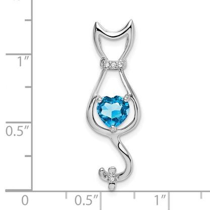 10k White Gold 6mm Heart Blue Topaz and Diamond Cat Pendant