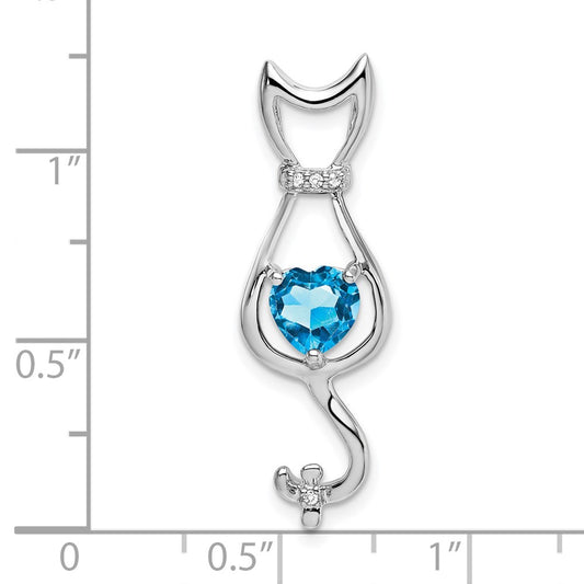 10k White Gold 6mm Heart Blue Topaz and Diamond Cat Pendant