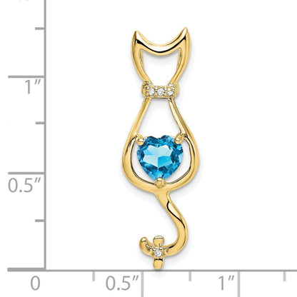 10k 6mm Heart Blue Topaz and Diamond Cat Pendant