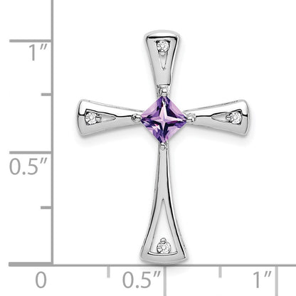 10k White Gold 4mm Square Amethyst and 1/20 carat Diamond Cross Chain Slide