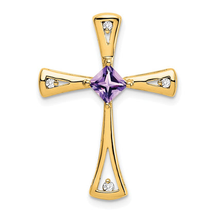 10k 4mm Square Amethyst and 1/20 carat Diamond Cross Chain Slide