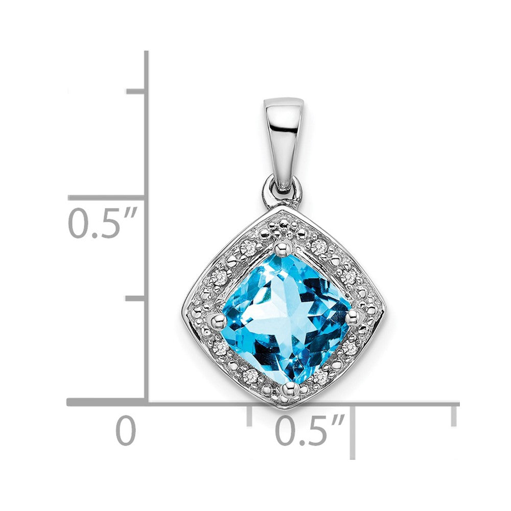 10k White Gold Cushion Blue Topaz and Diamond Pendant