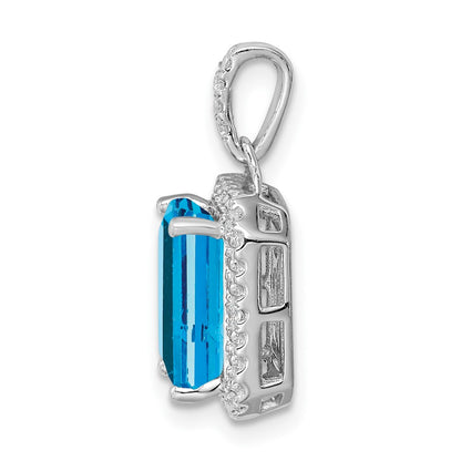 10k White Gold Emerald-cut Blue Topaz and 1/20 carat Diamond Halo Pendant