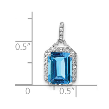 10k White Gold Emerald-cut Blue Topaz and 1/20 carat Diamond Halo Pendant