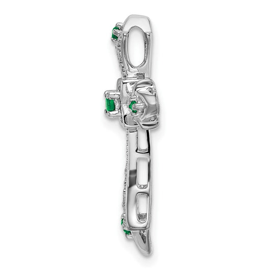 10K White Gold Emerald and 1/15 carat Diamond Fleur de Lis Cross Chain Slide
