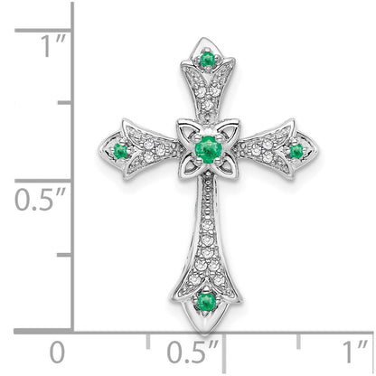 10K White Gold Emerald and 1/15 carat Diamond Fleur de Lis Cross Chain Slide