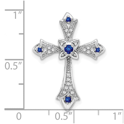 10K White Gold Sapphire and 1/15 carat Diamond Fleur de Lis Cross Chain Slide
