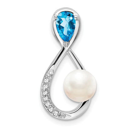 10k White Gold Blue Topaz/Freshwater Cultured Pearl/Diamond Infinity Chain Slide