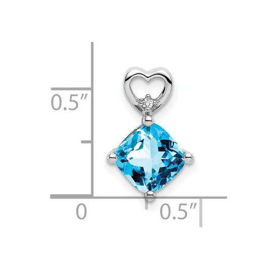 14k White Gold 7mm Cushion December/Blue Topaz and Diamond Heart Chain Slide