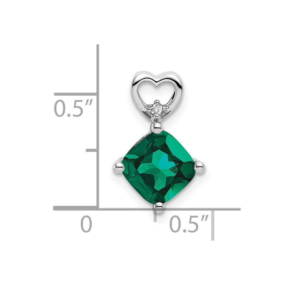 14k White Gold 7mm Cushion May/Lab Created Emerald and Diamond Heart Chain Slide